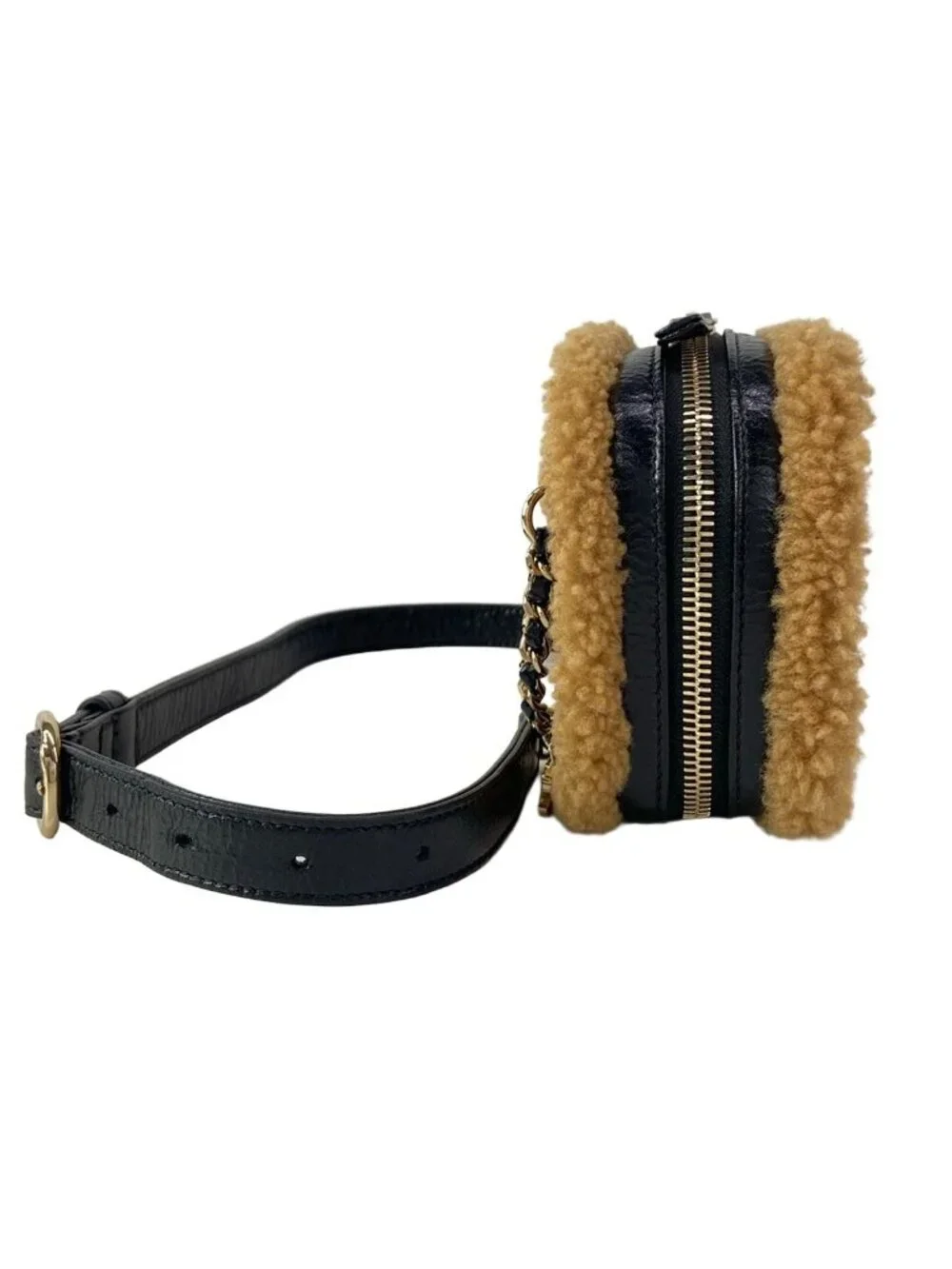 Chanel Waist Pouch CC Mania Black Light Brown Gold CC Logo Shearling